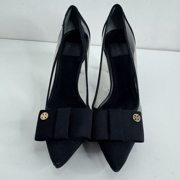 Tory Burch Black Aimee Grosgrain Fabric Pumps Heels Bow Pointed Logo Charm 7 - Picture 2 of 12
